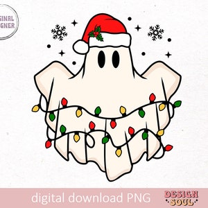 May include: A white ghost wearing a red Santa hat with green holly and a string of colorful Christmas lights around it.