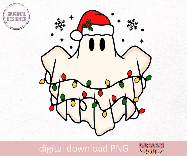May include: A white ghost wearing a red Santa hat with green holly and a string of colorful Christmas lights around it.