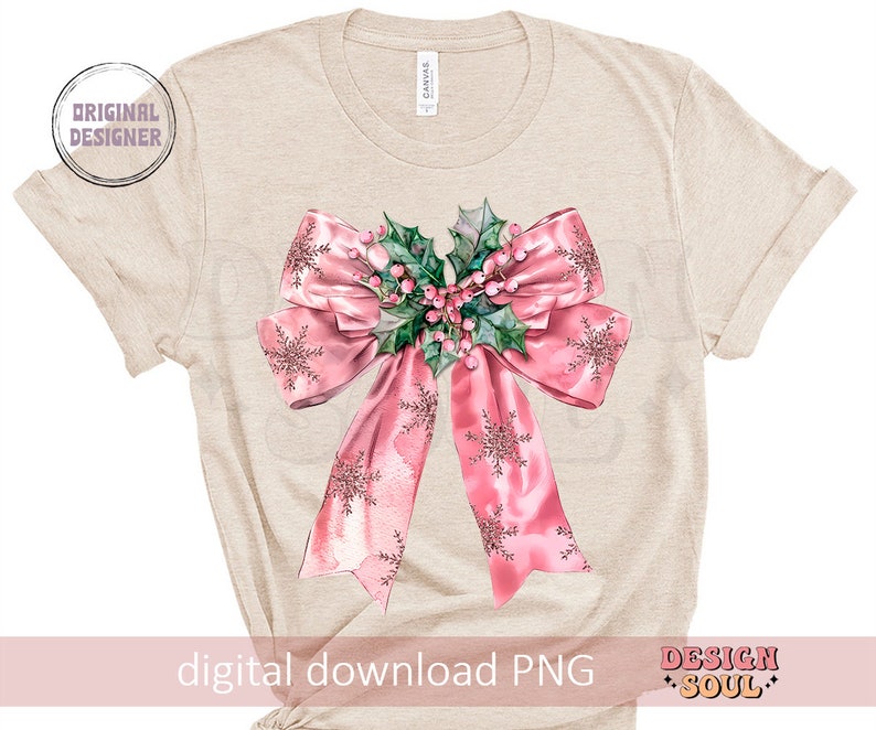 May include: A beige t-shirt with a pink bow and green holly sprig design. The bow has a sparkly, snowflake-like pattern. The text "digital download PNG" is at the bottom of the shirt.