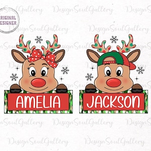 May include: Two red reindeer with green and white polka dots, one wearing a red bow and the other a green and red baseball cap, holding signs with the names Amelia and Jackson.