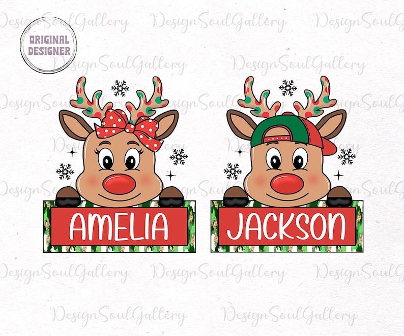 May include: Two red reindeer with green and white polka dots, one wearing a red bow and the other a green and red baseball cap, holding signs with the names Amelia and Jackson.