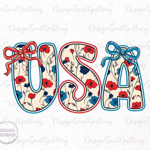 May include: USA spelled out in large letters with a red, white, and blue floral pattern. Each letter has a bow on top, red for the U, blue for the A, and red for the S.