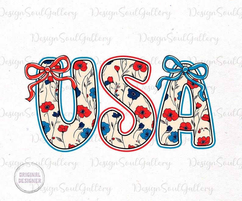 May include: USA spelled out in large letters with a red, white, and blue floral pattern. Each letter has a bow on top, red for the U, blue for the A, and red for the S.