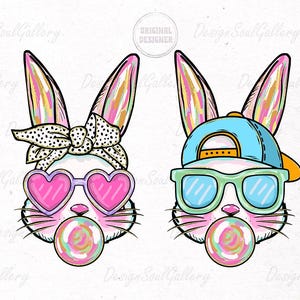 May include: Two cartoon bunnies with pink and white fur, one wearing a blue baseball cap and the other a black and white polka dot headband. Both bunnies are wearing sunglasses and have a pink and white swirl lollipop in their mouths.