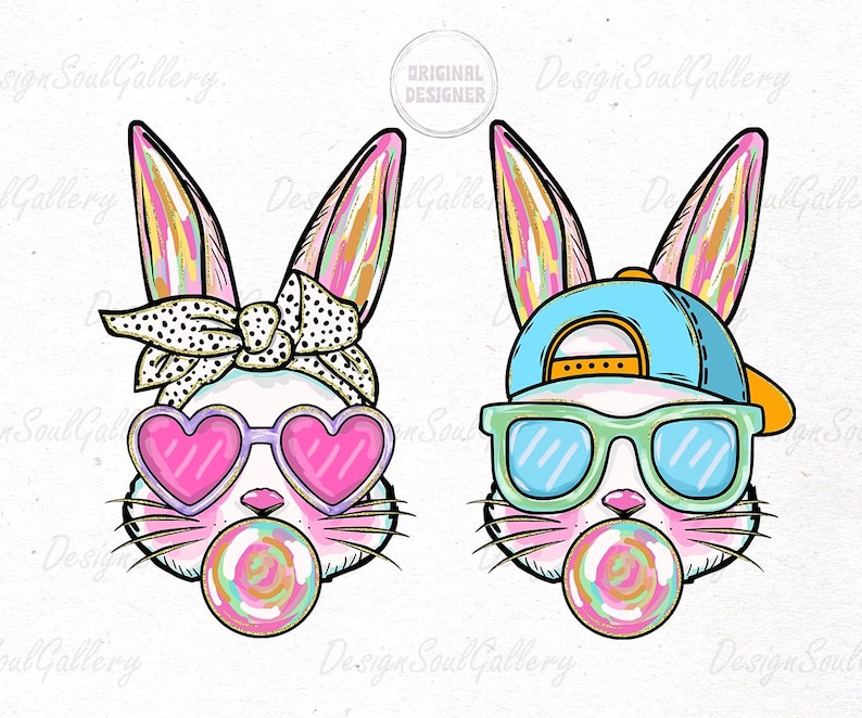 May include: Two cartoon bunnies with pink and white fur, one wearing a blue baseball cap and the other a black and white polka dot headband. Both bunnies are wearing sunglasses and have a pink and white swirl lollipop in their mouths.