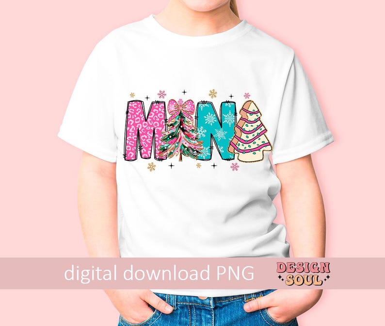 May include: White t-shirt with a colorful design that says "Mama" with Christmas trees. The trees are decorated with pink, blue, and green patterns.