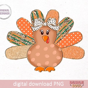 May include: A cartoon turkey with a brown body, orange feet, and a white bow with black polka dots. The turkey has a green, orange, and brown patterned tail with gold glitter accents.