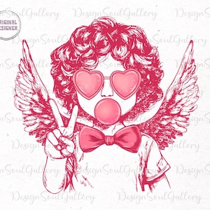 May include: A pink and white illustration of a cherub with angel wings, wearing heart-shaped sunglasses and blowing a bubble. The cherub is making a peace sign with their hand.