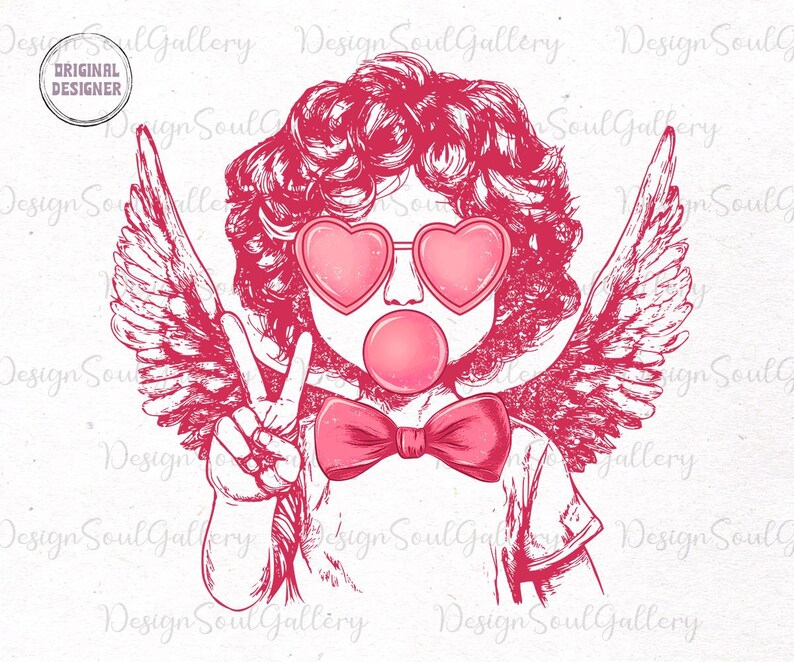 May include: A pink and white illustration of a cherub with angel wings, wearing heart-shaped sunglasses and blowing a bubble. The cherub is making a peace sign with their hand.