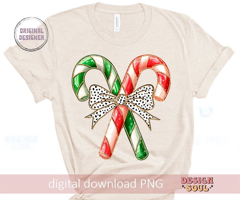 May include: A digital download of a graphic design featuring two candy canes crossed over each other with a black and white polka dot bow with gold accents. The candy canes are red and white and green and white.