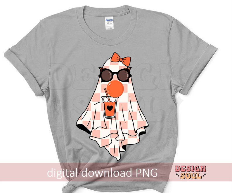 May include: A gray t-shirt with a ghost wearing sunglasses and a bow, holding a glass of orange juice. The ghost is wearing a checkered pattern. The text "digital download PNG" is at the bottom of the shirt.