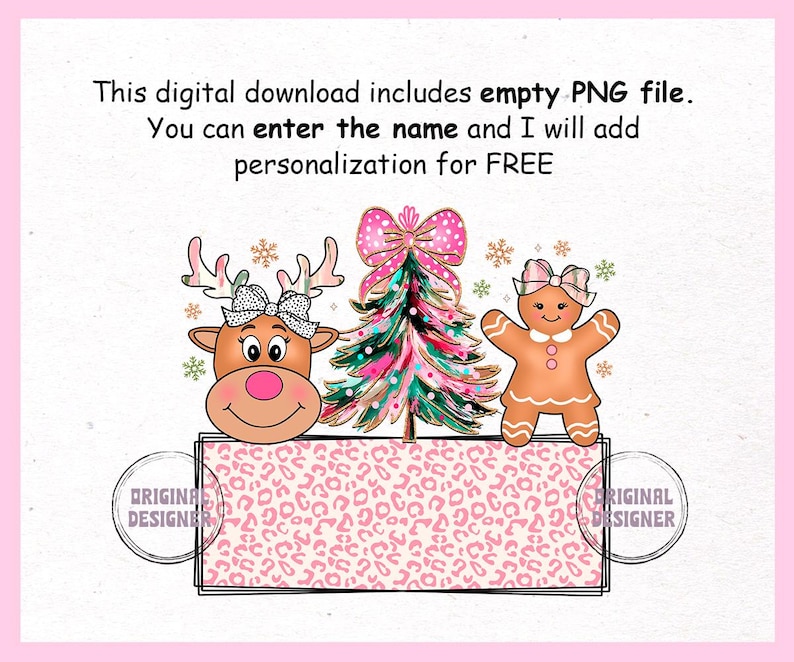 Op de afbeelding: Een digitale download van een roze en groene kerstboom met een peperkoekmeisje en een rendier. De boom is versierd met gouden glitter en roze strikken. Het rendier en het peperkoekmeisje dragen roze strikken. De achtergrond is een roze en witte luipaardprint.