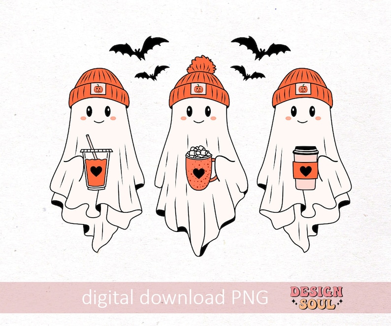 May include: Three cartoon ghosts wearing orange beanies with pumpkin patches, holding beverages. One ghost holds a drink with a straw, another a mug of cocoa, and the third a coffee cup. Black bats fly above them. The image has the text "digital download PNG" and "DESIGN SOUL".