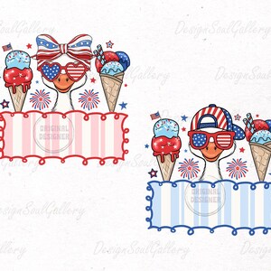 May include: Two patriotic designs featuring a goose wearing sunglasses and a bow or hat, with ice cream cones and fireworks. Each design includes a banner with the text "ORIGINAL DESIGNER". The color scheme is red, white, and blue.