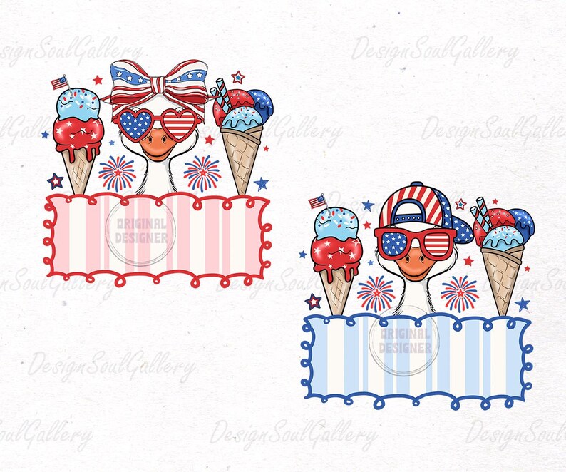 May include: Two patriotic designs featuring a goose wearing sunglasses and a bow or hat, with ice cream cones and fireworks. Each design includes a banner with the text "ORIGINAL DESIGNER". The color scheme is red, white, and blue.