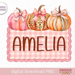 Puede incluir: Un letrero a cuadros rosa y blanco con el nombre Amelia escrito en letras marrones. Tres calabazas están encima del letrero, una es rosa, otra es naranja y blanca, y otra es naranja con estampado de leopardo.