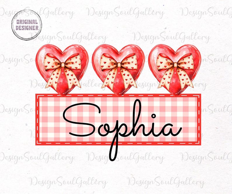 May include: A personalized Valentine's Day design featuring three red hearts with white polka dots and bows. The hearts are arranged above a pink and white gingham background with the name "Sophia" written in black cursive.
