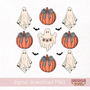 May include: A digital download PNG featuring Halloween-themed illustrations. The design includes orange pumpkins with gray bows, white ghosts, and black bats. One ghost holds a banner that spells "BOO". The text "digital download PNG" is at the bottom.
