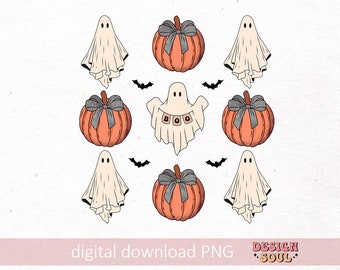 Coquete halloween png, fantasma assustador png, halloween retrô png, laço de abóbora png, coquete fantasma png, halloween moderno, coquete abóbora png