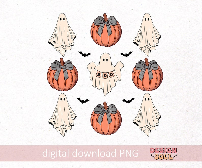 May include: A digital download PNG featuring Halloween-themed illustrations. The design includes orange pumpkins with gray bows, white ghosts, and black bats. One ghost holds a banner that spells "BOO". The text "digital download PNG" is at the bottom.