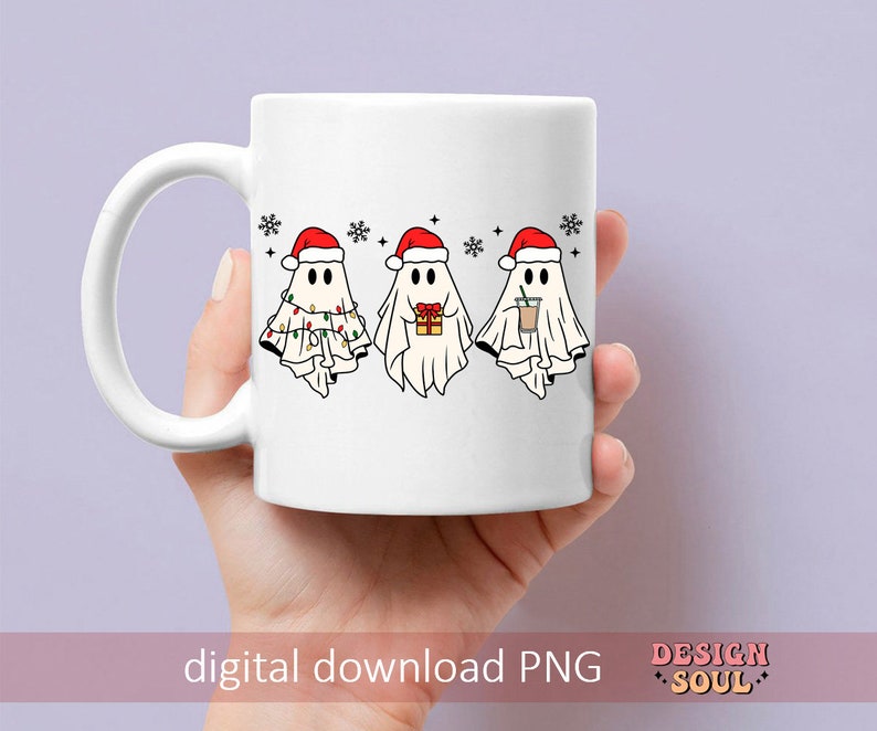 May include: White ceramic mug with a design of three ghosts wearing Santa hats. The ghosts are holding a gift, a cup of coffee, and a string of lights. The mug has a red handle and is on a white background.