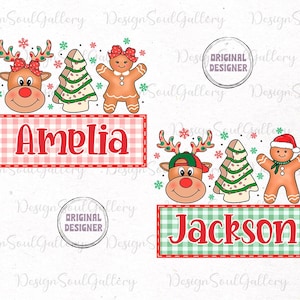 May include: Two personalized Christmas-themed gift tags with red and white gingham backgrounds. The top tag features a reindeer, a gingerbread person, and a Christmas tree with the name Amelia. The bottom tag features a reindeer, a gingerbread person, and a Christmas tree with the name Jackson.