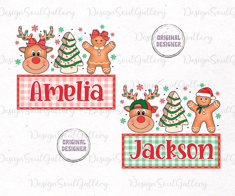 May include: Two personalized Christmas-themed gift tags with red and white gingham backgrounds. The top tag features a reindeer, a gingerbread person, and a Christmas tree with the name Amelia. The bottom tag features a reindeer, a gingerbread person, and a Christmas tree with the name Jackson.