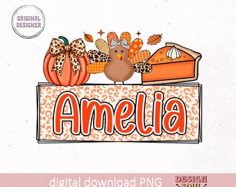 Fall personalized png, pumpkin name png, fall kids png, thanksgiving kids png, turkey kids png, glitter turkey png, fall coquette png
