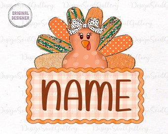 Thankful custom name png, thanksgiving kids png, turkey kids png, coquette bow turkey png, thanksgiving png, fall kids name pumpkins png