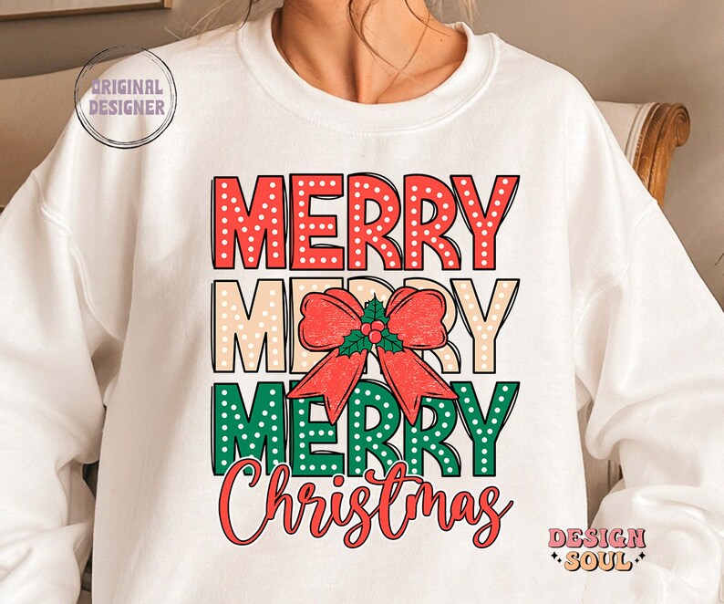 May include: White sweatshirt with a red, white, and green graphic that says "Merry Merry Merry Christmas" with a red bow and green holly.