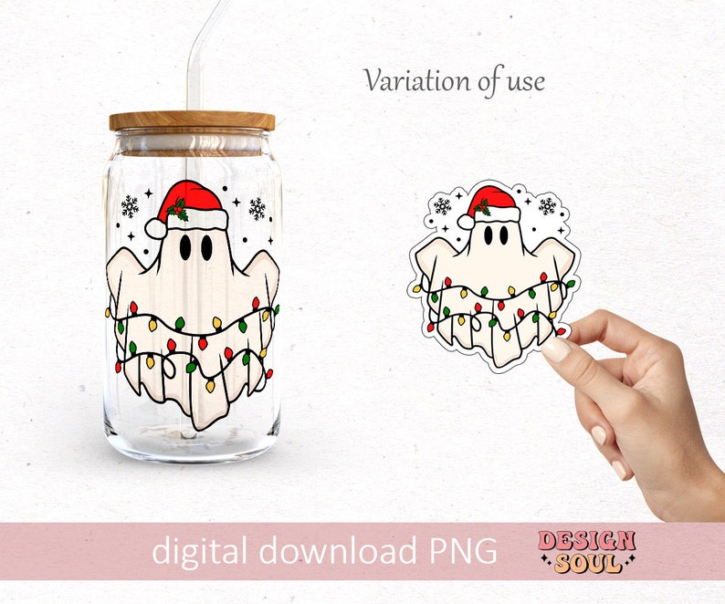 May include: A clear glass jar with a wooden lid and a straw. The jar has a Christmas ghost design with a red Santa hat, white ghost, and colorful lights. The design is also available as a sticker.