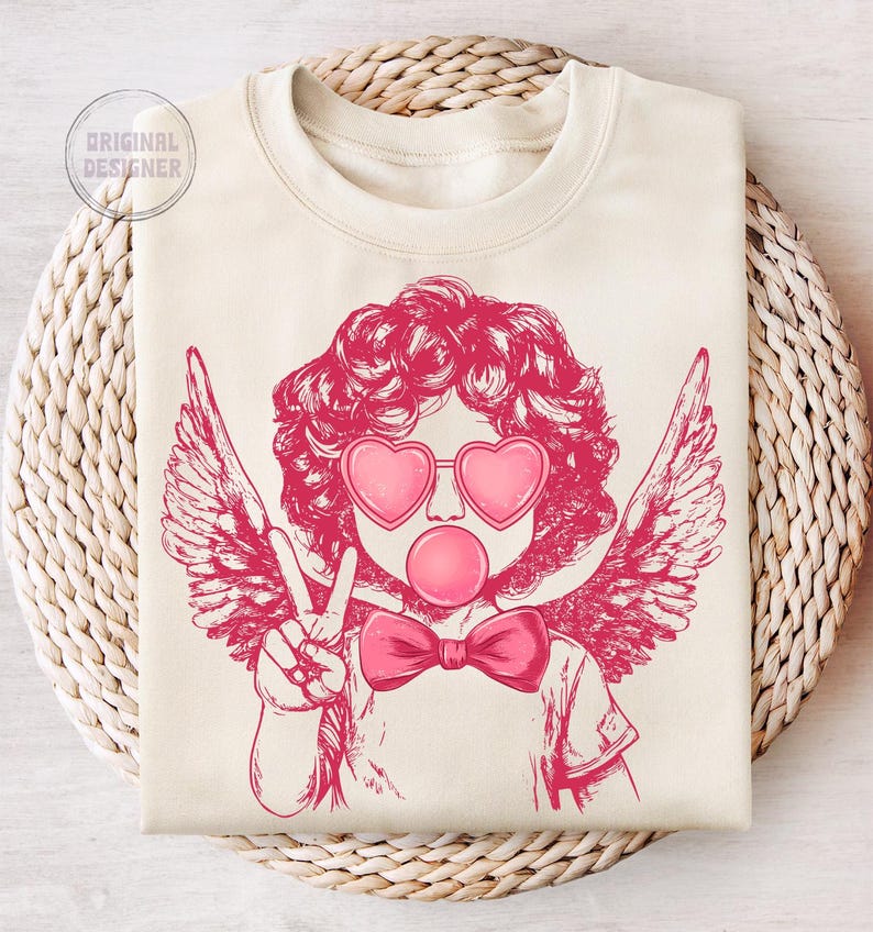 May include: A pink and white graphic design of a cherub with wings, wearing heart-shaped sunglasses and blowing a bubble. The cherub is giving a peace sign with one hand and has a pink bow tie.