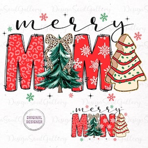 May include: Red and white Christmas design with the text "Merry Mama" and a green Christmas tree with a leopard print bow. The design also includes a white and red striped Christmas tree with gold accents.