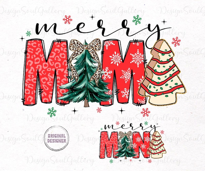 May include: Red and white Christmas design with the text "Merry Mama" and a green Christmas tree with a leopard print bow. The design also includes a white and red striped Christmas tree with gold accents.