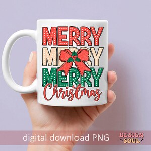 May include: White ceramic mug with a red, green, and white design that says "Merry Merry Merry Christmas" with a red bow and green leaves.