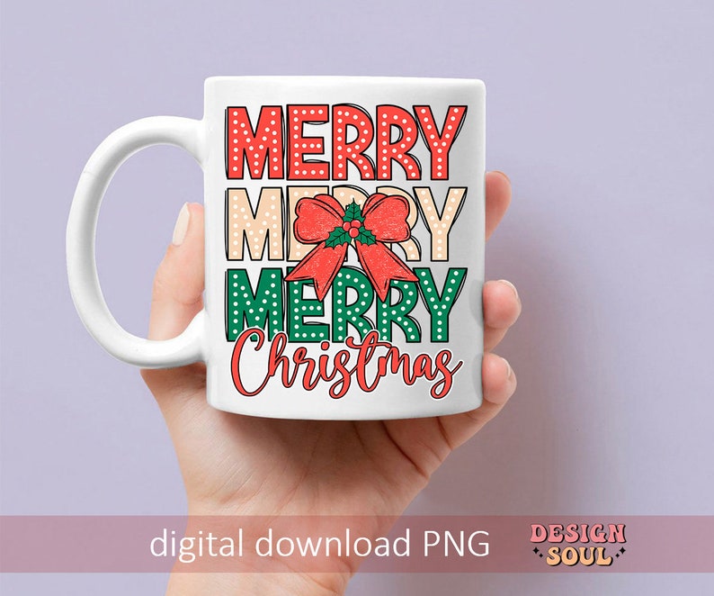 May include: White ceramic mug with a red, green, and white design that says "Merry Merry Merry Christmas" with a red bow and green leaves.