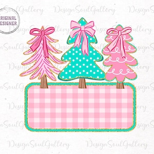 May include: A whimsical Christmas-themed design featuring three stylized Christmas trees with pink bows and gold glitter accents. The trees are set on a pink and white gingham background with a teal border. The design includes the text "ORIGINAL DESIGNER".