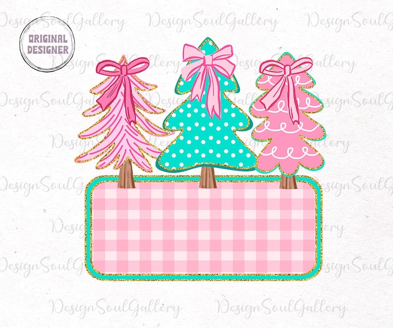 May include: A whimsical Christmas-themed design featuring three stylized Christmas trees with pink bows and gold glitter accents. The trees are set on a pink and white gingham background with a teal border. The design includes the text "ORIGINAL DESIGNER".