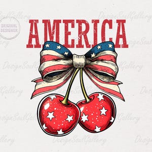 May include: A red, white, and blue bow with stars and stripes, tied around two red cherries with white stars. The text "AMERICA" is above the bow.