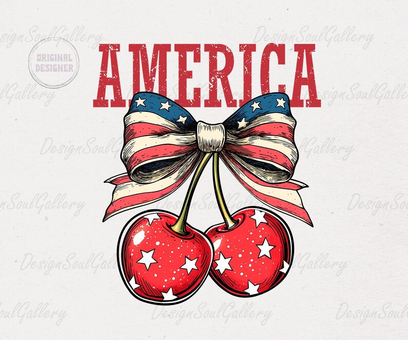 May include: A red, white, and blue bow with stars and stripes, tied around two red cherries with white stars. The text "AMERICA" is above the bow.