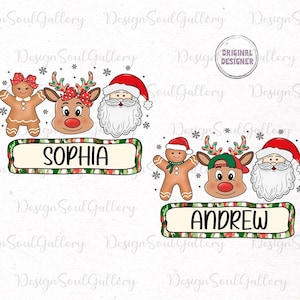 May include: A Christmas-themed design featuring two sets of characters. The first set includes a gingerbread person, a reindeer, and Santa Claus with the name "Sophia" on a green and red striped banner. The second set includes a gingerbread person, a reindeer wearing a green baseball cap, and Santa Claus with the name "Andrew" on a green and red striped banner.