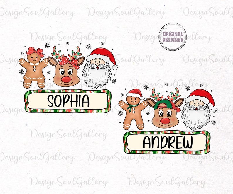 May include: A Christmas-themed design featuring two sets of characters. The first set includes a gingerbread person, a reindeer, and Santa Claus with the name "Sophia" on a green and red striped banner. The second set includes a gingerbread person, a reindeer wearing a green baseball cap, and Santa Claus with the name "Andrew" on a green and red striped banner.