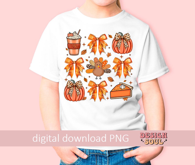 May include: A white t-shirt with a digital print of fall-themed images, including pumpkins, a turkey, a pie, and a coffee cup. The images are surrounded by fall-colored bows and leaves. The text "digital download PNG" is at the bottom of the shirt.