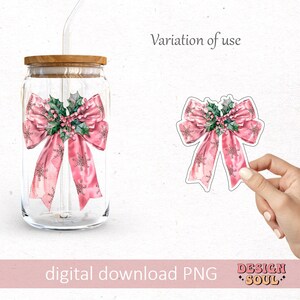 May include: A pink bow with holly and berries, and snowflakes, on a clear glass jar with a wooden lid and a straw.  The bow is also available as a sticker.