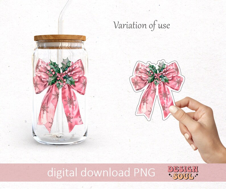 May include: A pink bow with holly and berries, and snowflakes, on a clear glass jar with a wooden lid and a straw.  The bow is also available as a sticker.