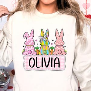 May include: White sweatshirt with a pink, blue, and green bunny rabbit design. The bunnies are sitting on a pink and white checkered background with the name "Olivia" written in black.