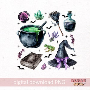 May include: A watercolor illustration of a witch's cauldron with green potion, a witch's hat with a purple bow, a frog, a book, a bottle, a broom, a crystal, a rose, and lavender sprigs. The illustration is in a whimsical style and is perfect for Halloween or any witchy occasion.