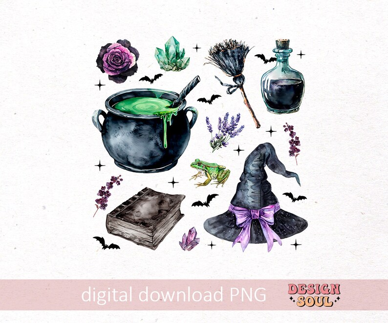 May include: A watercolor illustration of a witch's cauldron with green potion, a witch's hat with a purple bow, a frog, a book, a bottle, a broom, a crystal, a rose, and lavender sprigs. The illustration is in a whimsical style and is perfect for Halloween or any witchy occasion.