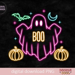 May include: A neon pink ghost with the word "BOO" in yellow neon letters. The ghost is surrounded by two orange pumpkins and a crescent moon in teal neon. The background is a black chalkboard.