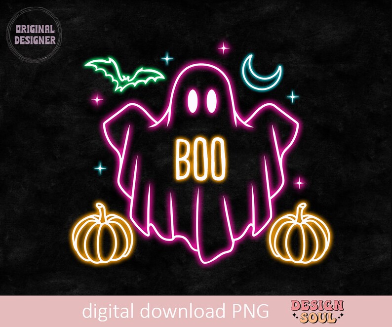 May include: A neon pink ghost with the word "BOO" in yellow neon letters. The ghost is surrounded by two orange pumpkins and a crescent moon in teal neon. The background is a black chalkboard.